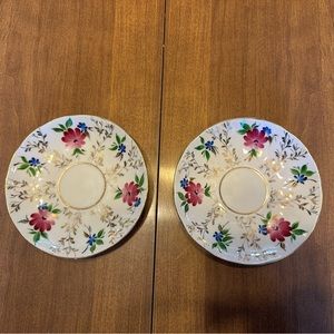 TWO Vintage Lomonosov Tea Cup Saucer Purple Flower Gold Trim Hand Painted Russia